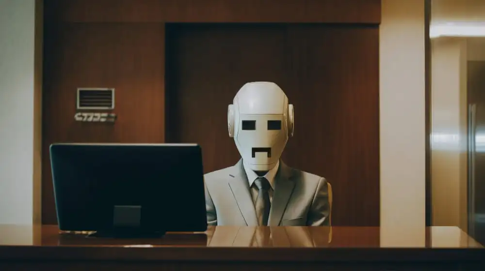A humanoid robot in a suit sits behind a reception desk with a computer, representing the growing presence of AI in the workplace.