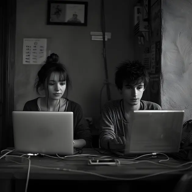 Two young professionals working side-by-side on laptops in a dimly lit space, representing creative remote work collaboration and digital teamwork.